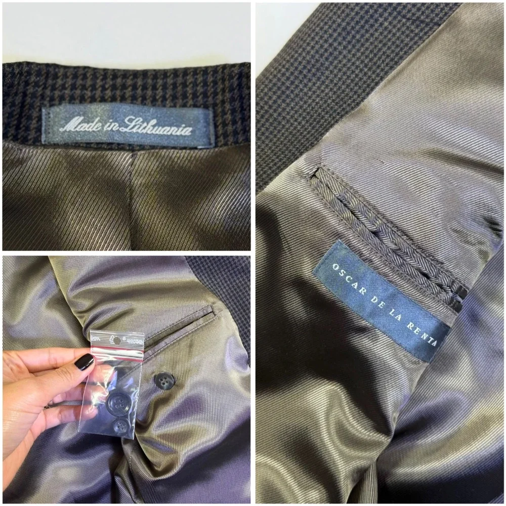 Oscar de la Renta 42R Sport Coat Blazer Brown Micro Houndstooth‎ Wool Cashmere